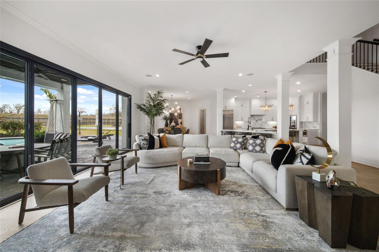 Chandelier, Dining room, Interior, Kitchen, Living room, Recessed Lighting, Stainless Steel Appliances