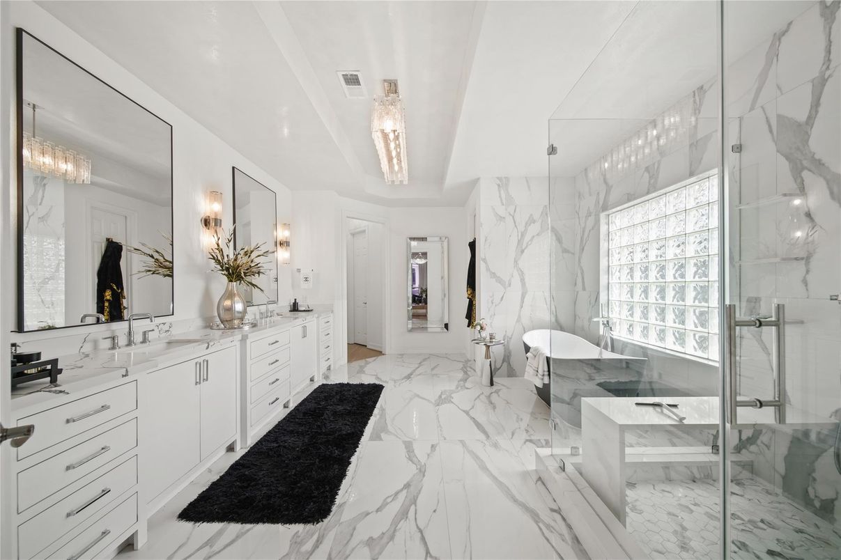 Bathroom, Dual Sink Vanities, Glass Shower, Interior, Marble, Marble Walls