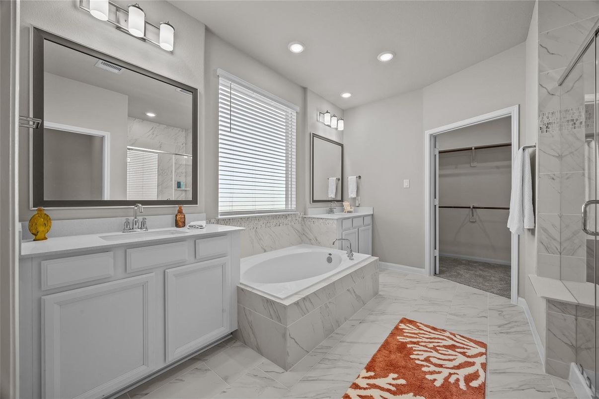 Bathroom, Dual Sink Vanities, Glass Shower, Interior, Marble, Marble Walls, Recessed Lighting
