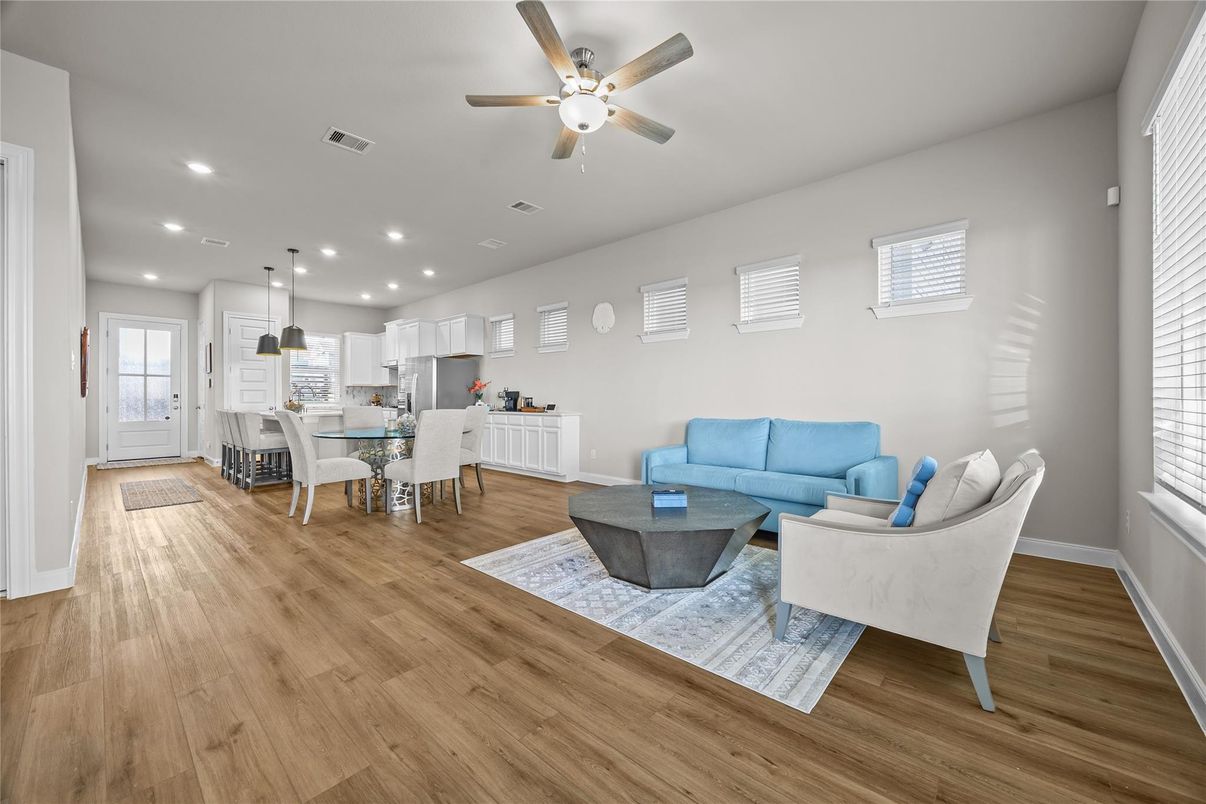 Dining room, Interior, Kitchen, Living room, Pendant Lights, Recessed Lighting, Wood Texture Flooring