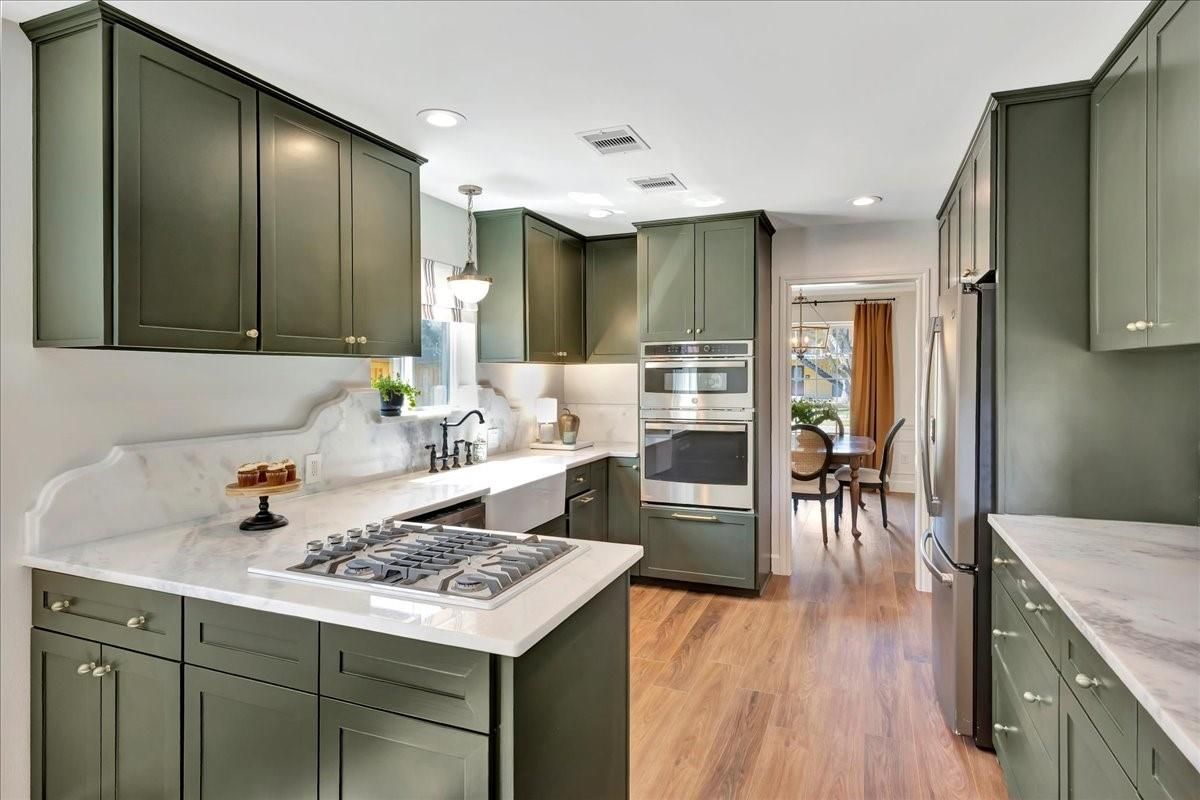 Interior, Kitchen, Pendant Lights, Recessed Lighting, Stainless Steel Appliances, Wood Texture Flooring