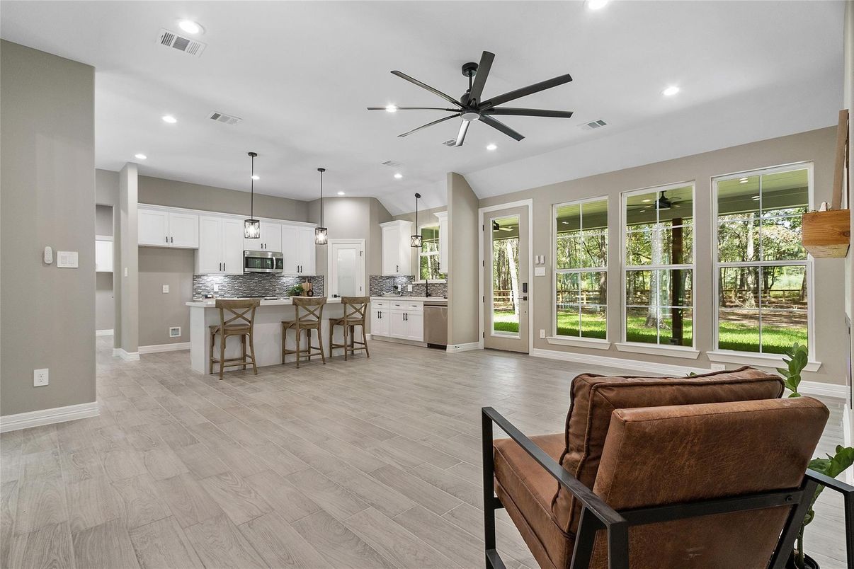 Interior, Kitchen, Pendant Lights, Recessed Lighting, Wood Texture Flooring