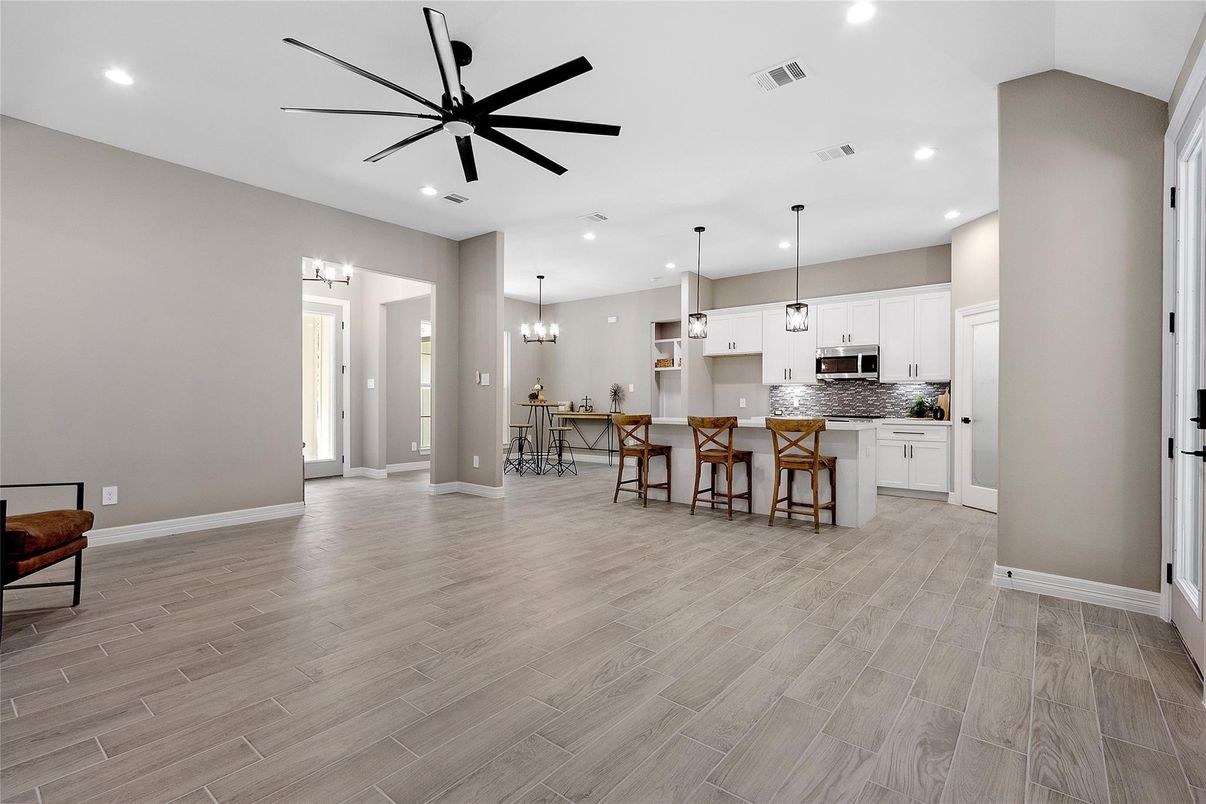 Chandelier, Interior, Kitchen, Pendant Lights, Recessed Lighting, Wood Texture Flooring