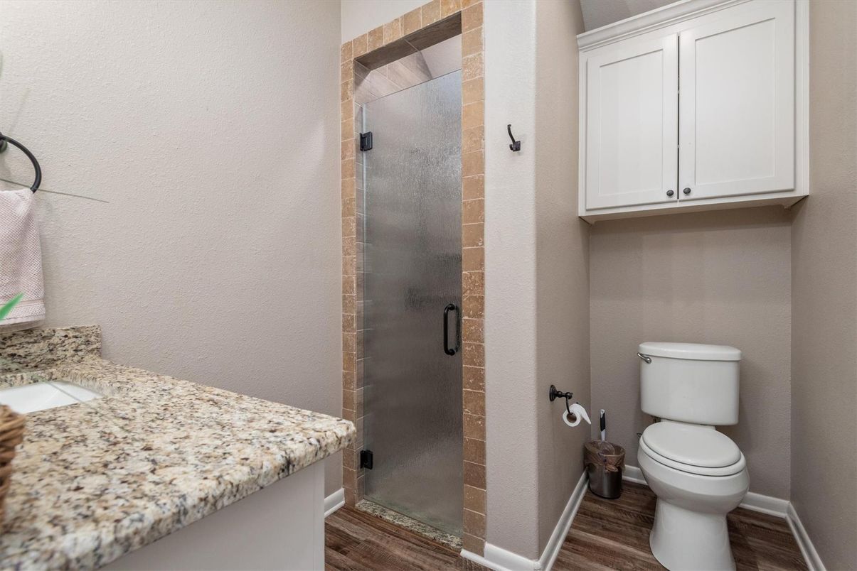 Bathroom, Glass Shower, Interior, Wood Texture Flooring