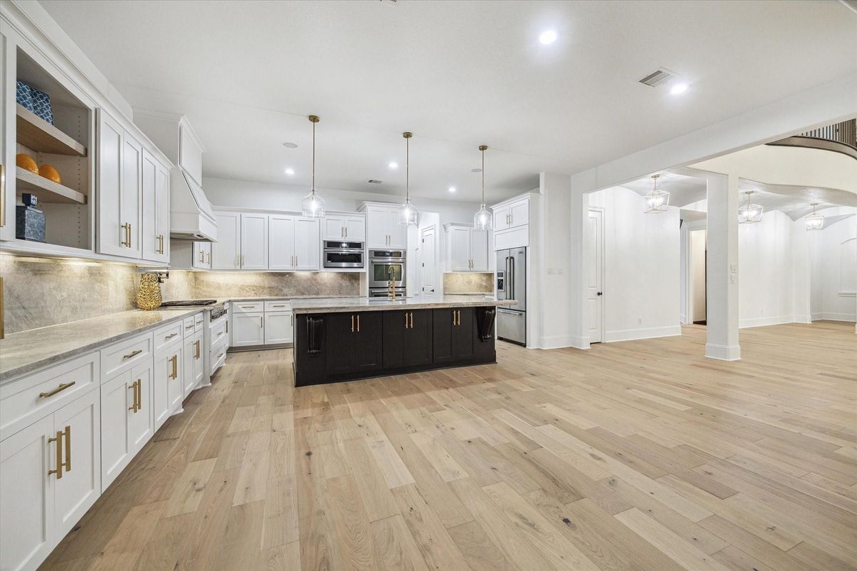 Interior, Kitchen, Pendant Lights, Recessed Lighting, Stainless Steel Appliances, Wood Texture Flooring
