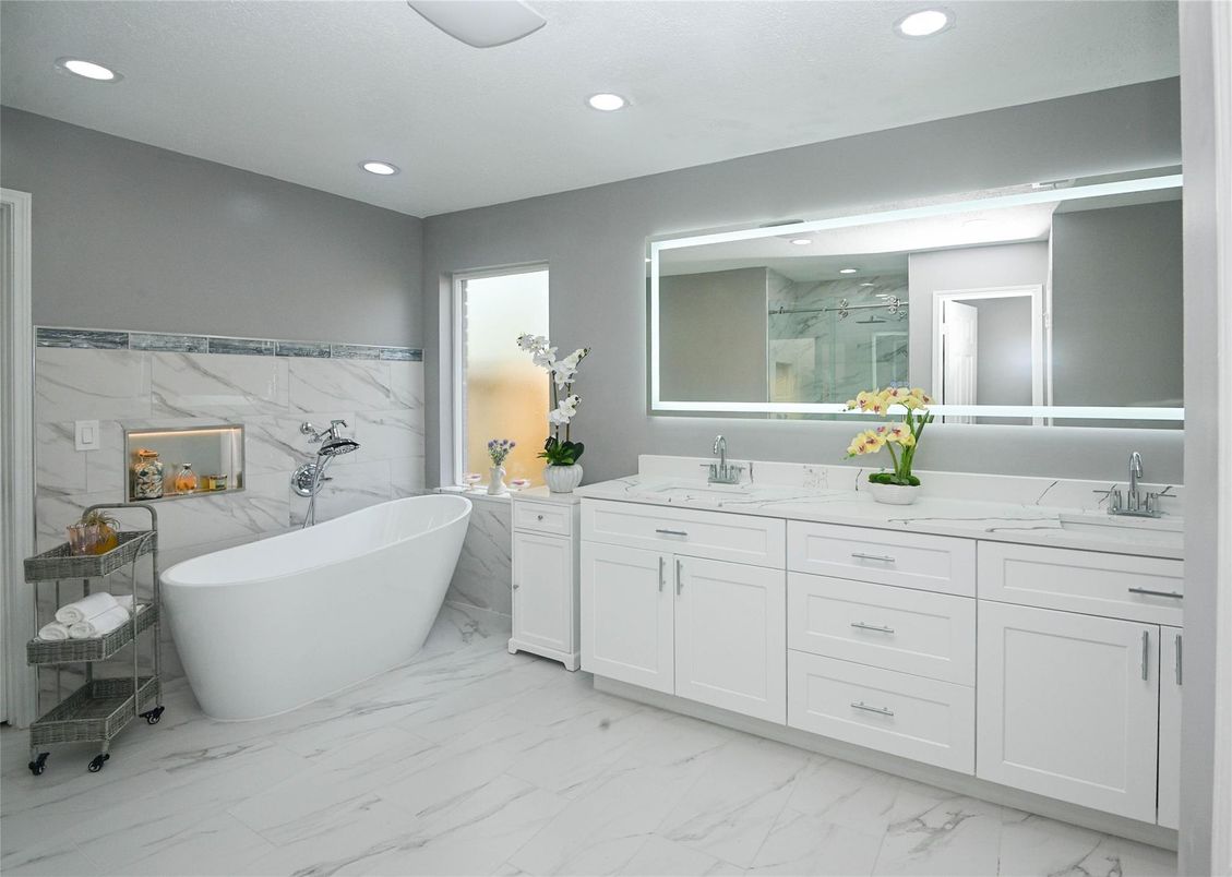 Bathroom, Dual Sink Vanities, Free Standing Baths, Interior, Marble, Marble Walls, Recessed Lighting
