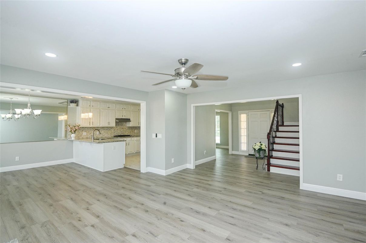 Empty room, Interior, Kitchen, Pendant Lights, Recessed Lighting, Wood Texture Flooring