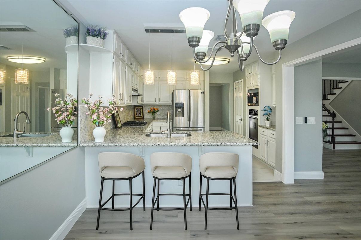 Chandelier, Interior, Kitchen, Pendant Lights, Stainless Steel Appliances, Wood Texture Flooring