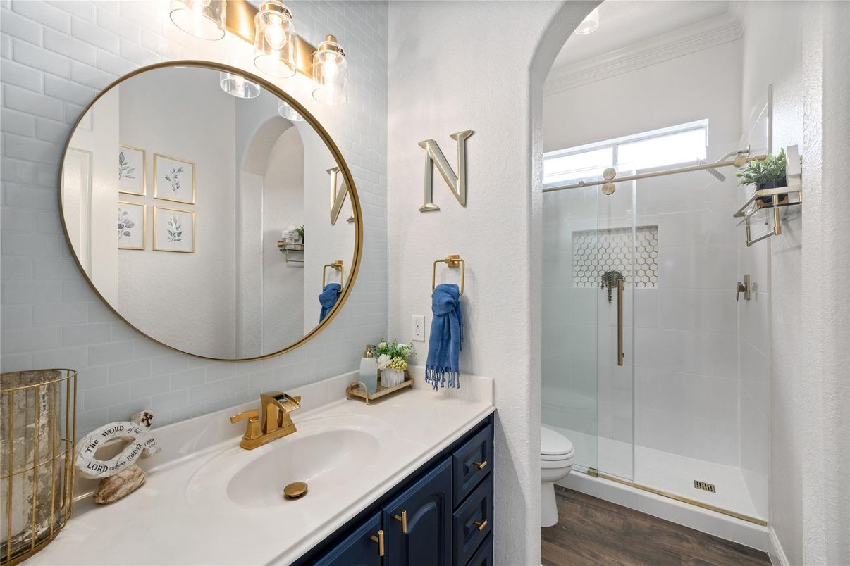 Bathroom, Dual Sink Vanities, Glass Shower, Interior, Wood Texture Flooring