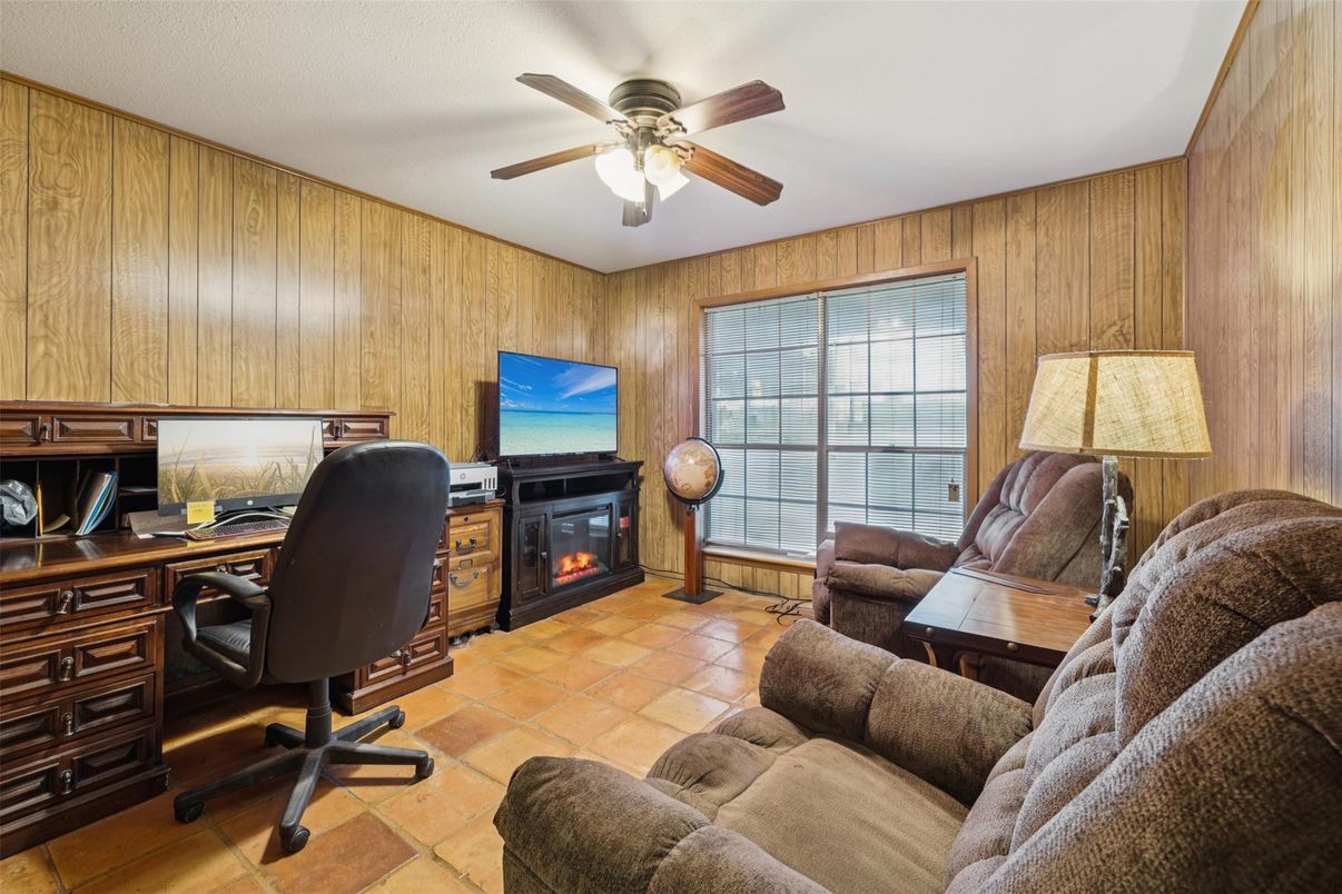 Fireplace, Home Office, Interior, Living room, Wooden Walls
