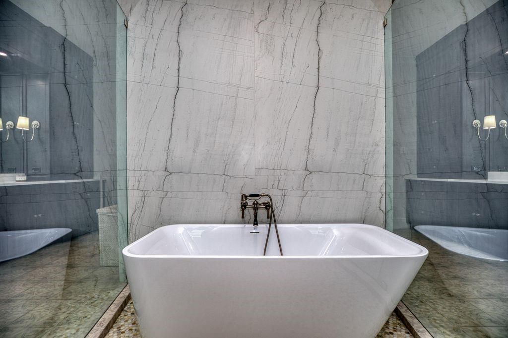 Bathroom, Free Standing Baths, Glass Shower, Interior, Marble Walls