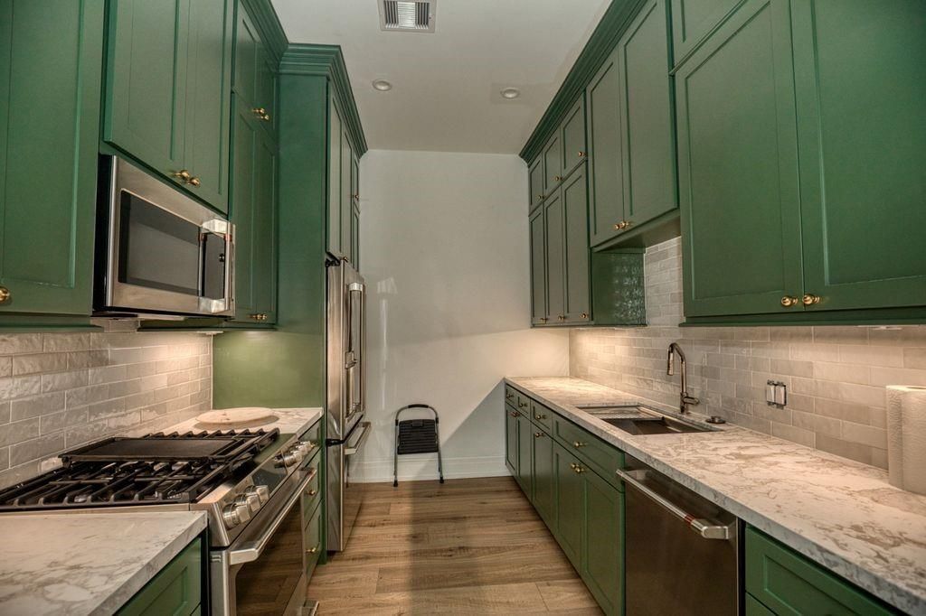Interior, Kitchen, Recessed Lighting, Stainless Steel Appliances, Wood Texture Flooring