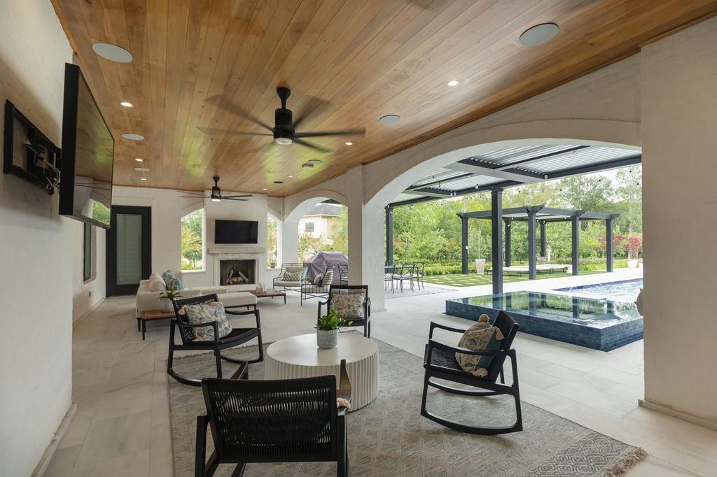 Fireplace, Interior, Living room, Recessed Lighting, Sun Room, Wooden Ceilings