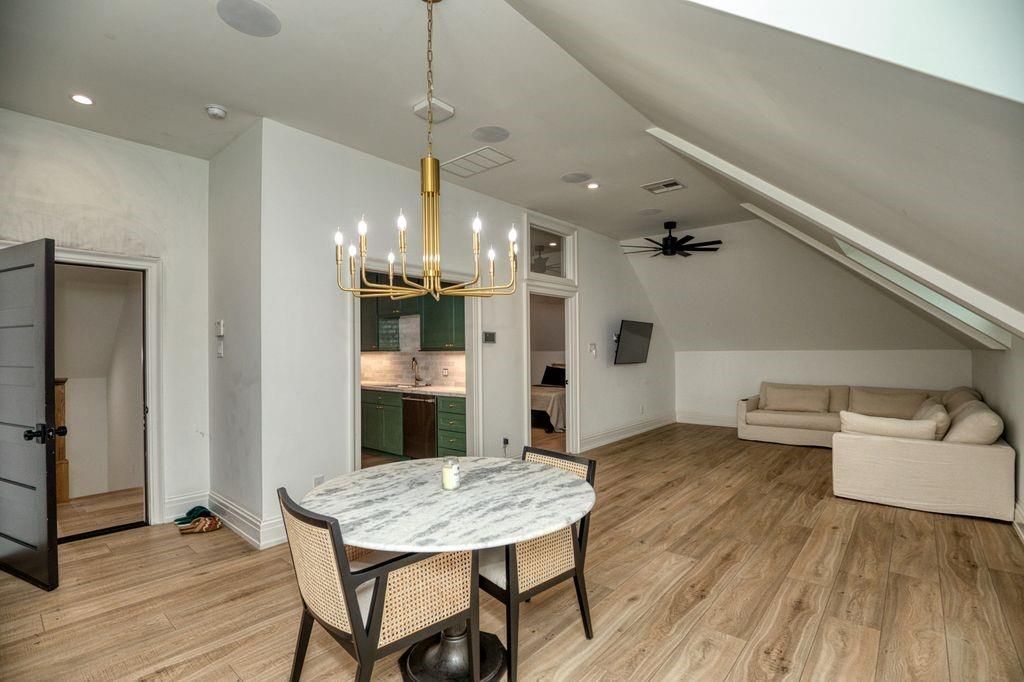 Chandelier, Dining room, Interior, Kitchen, Living room, Pendant Lights, Recessed Lighting, Wood Texture Flooring