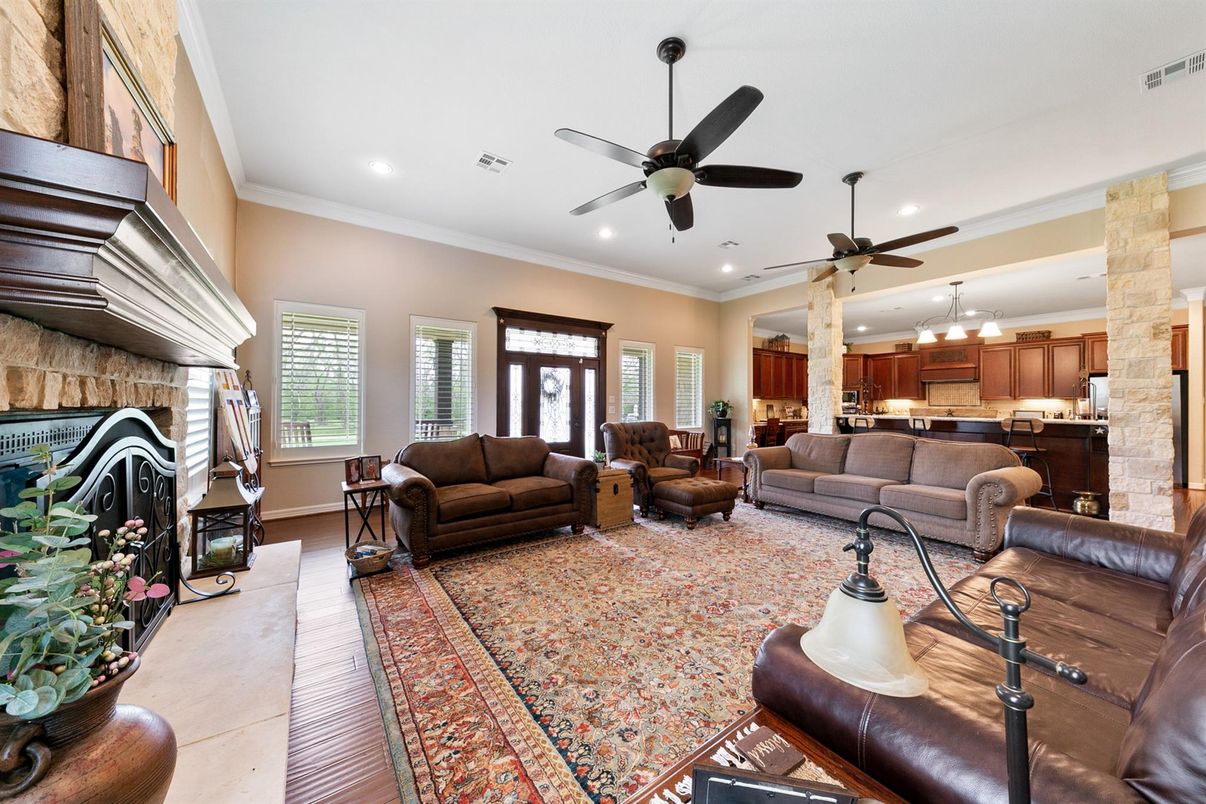 Fireplace, Interior, Kitchen, Living room, Pendant Lights, Recessed Lighting, Stone Walls
