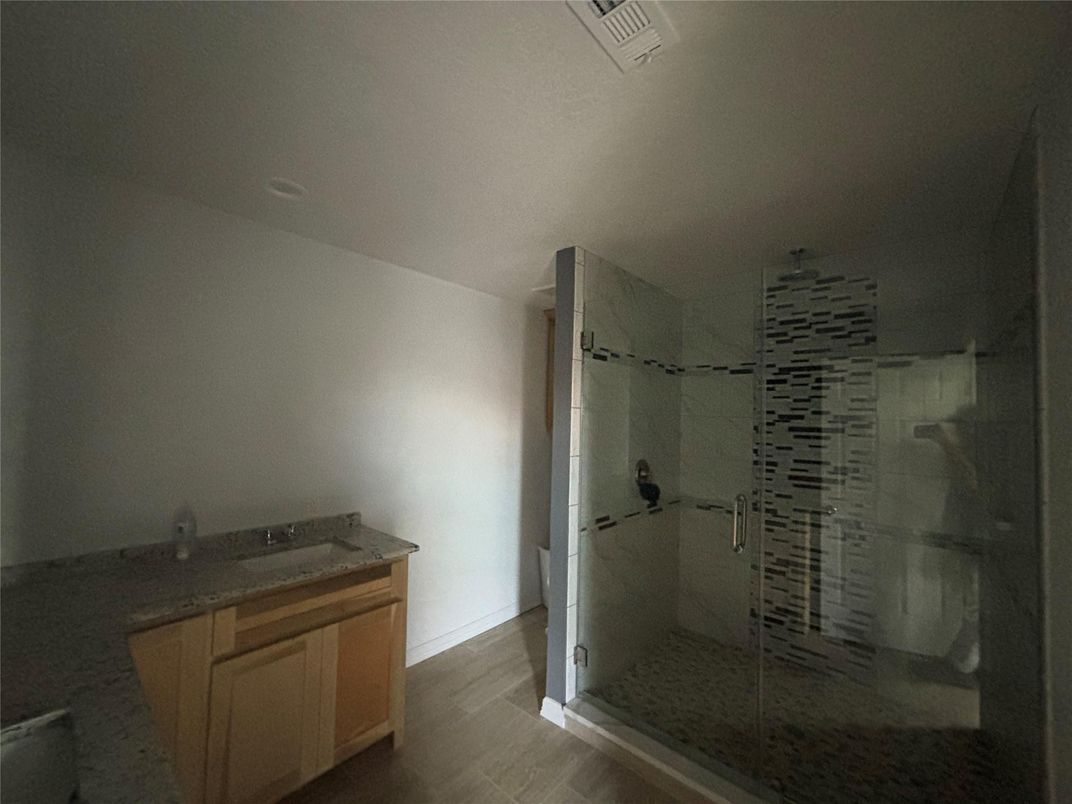 Bathroom, Glass Shower, Interior, Wood Texture Flooring