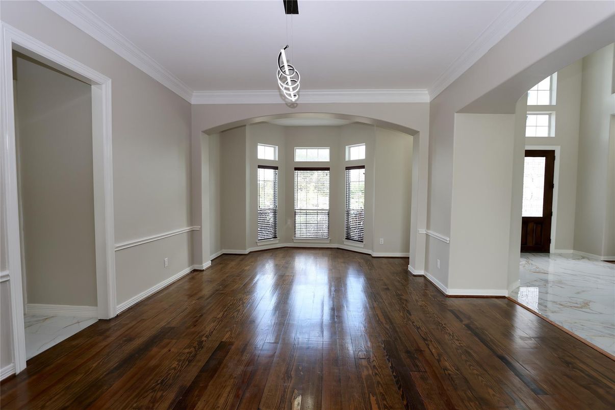 Empty room, Interior, Marble, Pendant Lights, Wood Texture Flooring