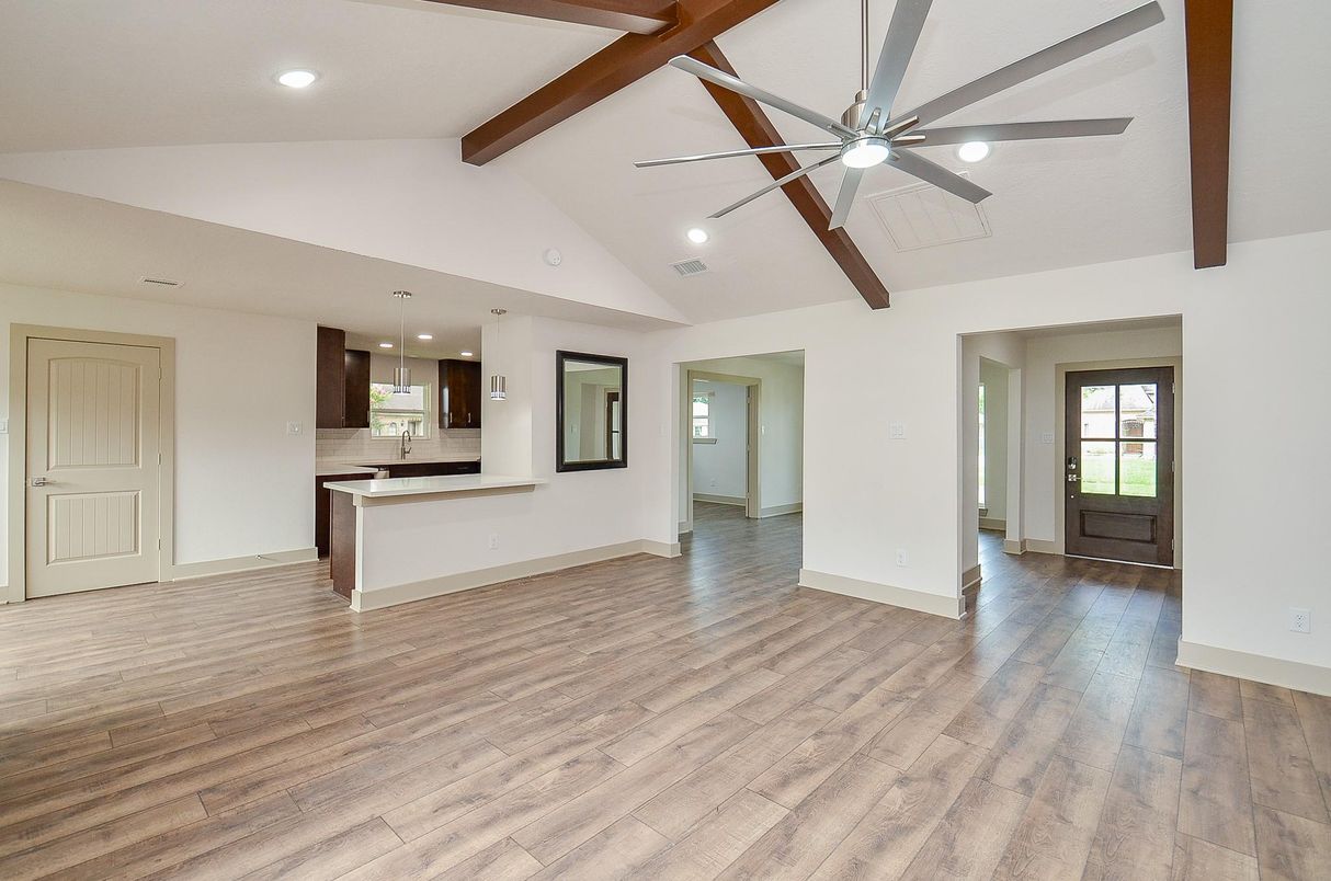 Empty room, Interior, Kitchen, Pendant Lights, Recessed Lighting, Wooden Beams, Wood Texture Flooring