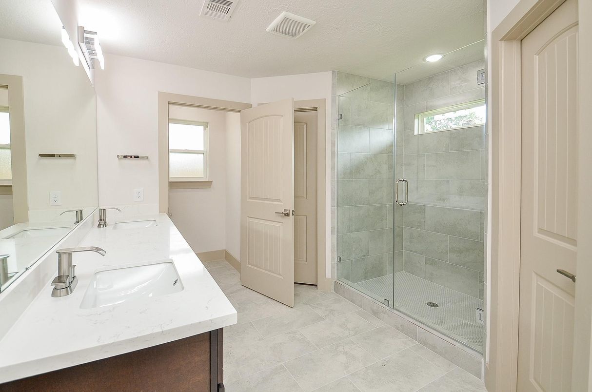 Bathroom, Dual Sink Vanities, Glass Shower, Interior, Recessed Lighting