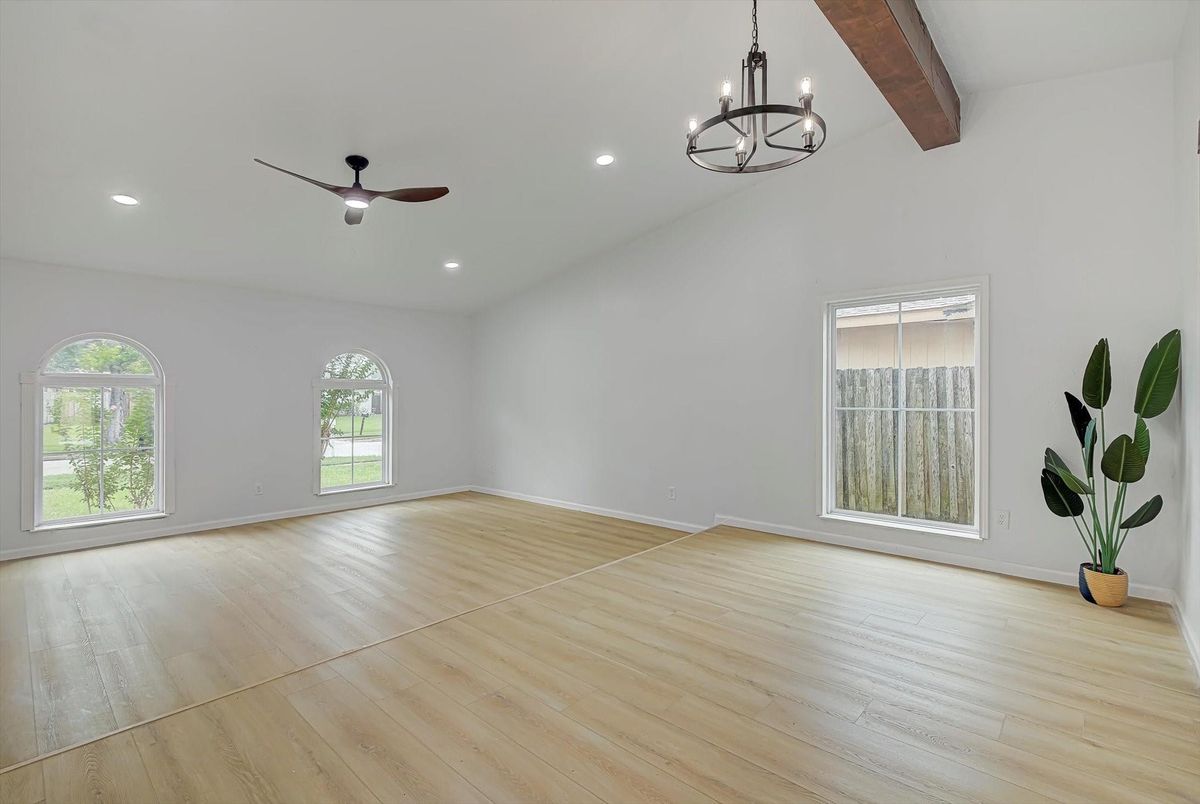Chandelier, Empty room, Interior, Recessed Lighting, Wooden Beams, Wood Texture Flooring