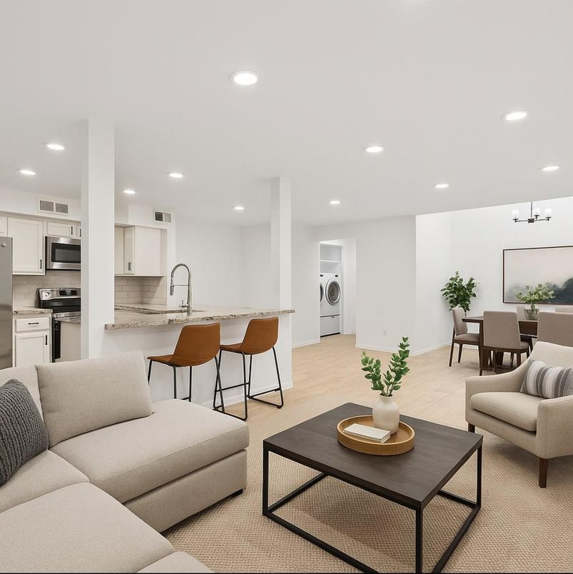 Dining room, Interior, Kitchen, Living room, Pendant Lights, Recessed Lighting, Stainless Steel Appliances, Wood Texture Flooring