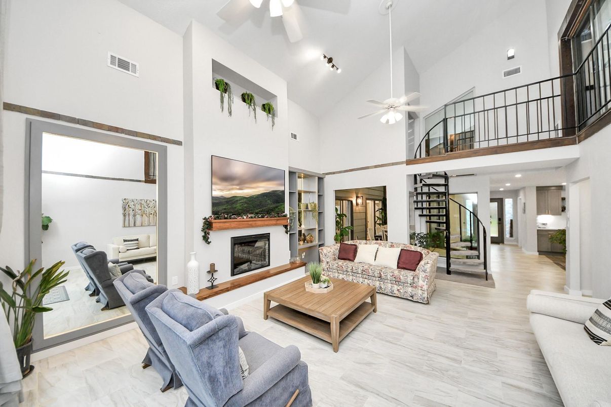 Fireplace, Interior, Living room, Recessed Lighting, Wood Texture Flooring