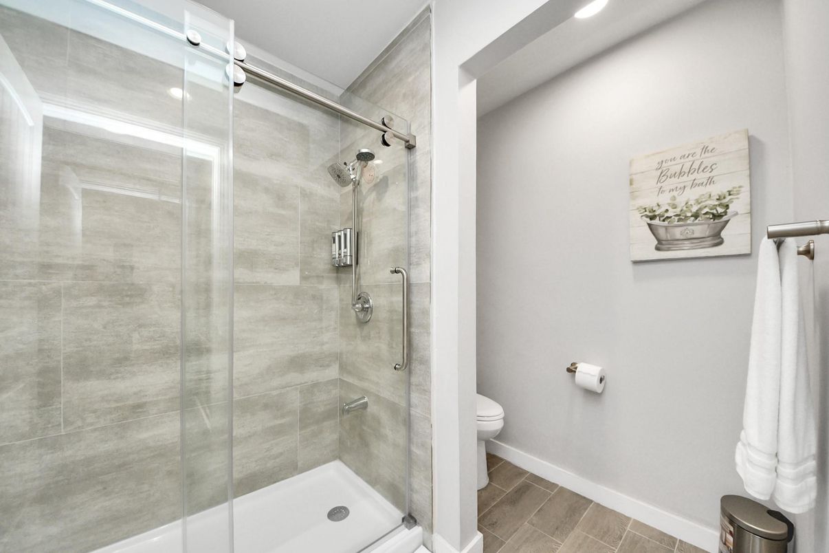 Bathroom, Glass Shower, Interior, Recessed Lighting, Wood Texture Flooring