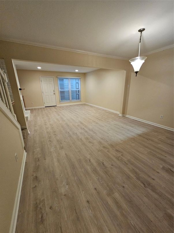 Empty room, Interior, Pendant Lights, Recessed Lighting, Wood Texture Flooring