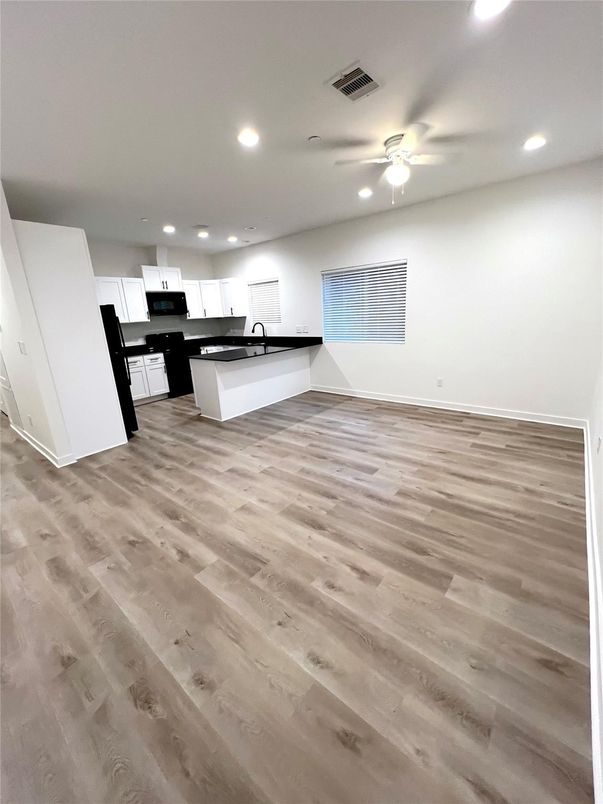 Empty room, Interior, Kitchen, Recessed Lighting, Wood Texture Flooring