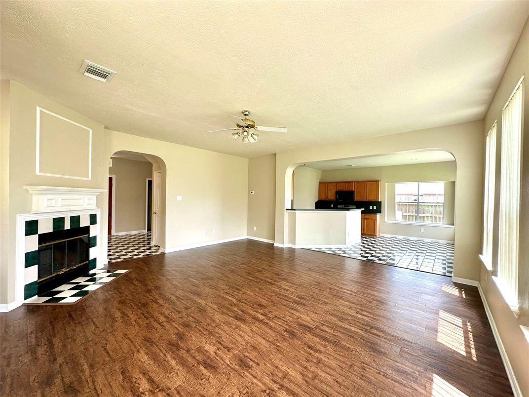 Empty room, Fireplace, Interior, Kitchen, Wood Texture Flooring