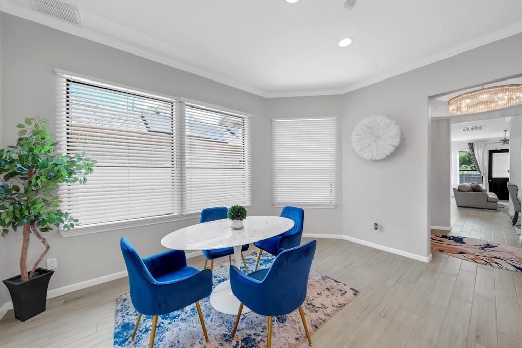 Dining room, Interior, Recessed Lighting, Wood Texture Flooring
