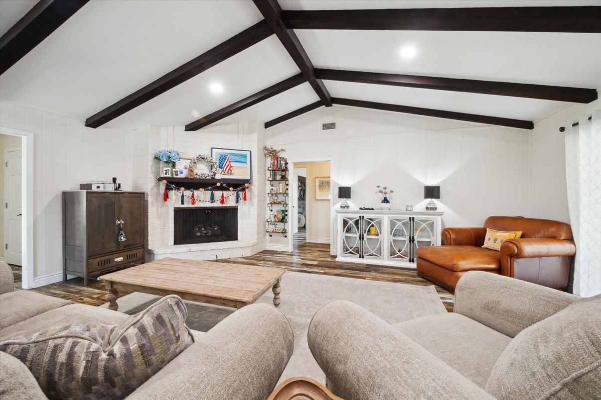 Fireplace, Interior, Living room, Recessed Lighting, Wooden Beams, Wood Texture Flooring