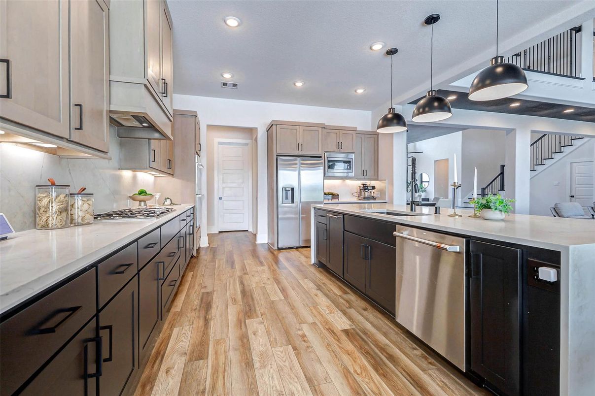 Interior, Kitchen, Pendant Lights, Recessed Lighting, Stainless Steel Appliances, Wood Texture Flooring