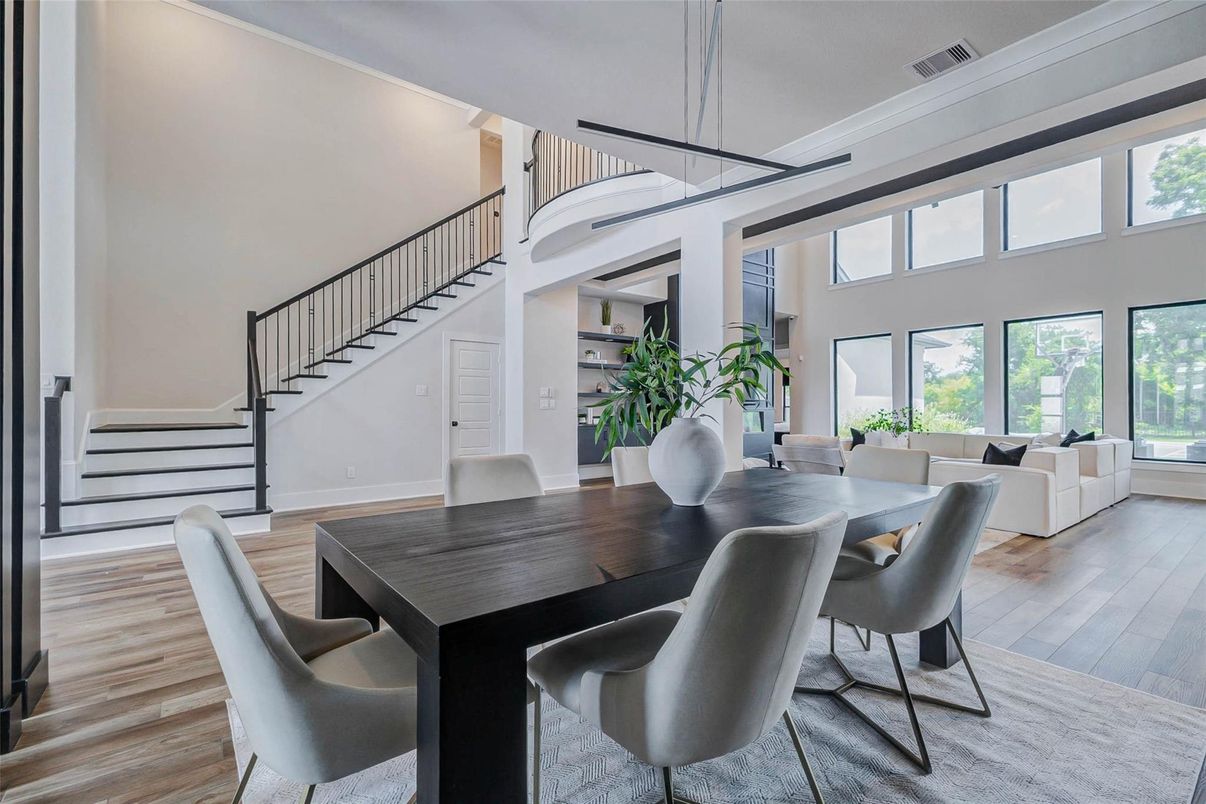 Dining room, Interior, Living room, Pendant Lights, Wood Texture Flooring