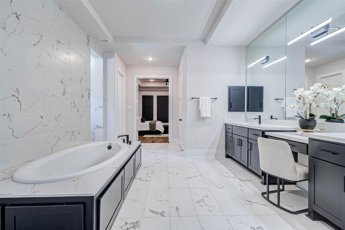 Bathroom, Dual Sink Vanities, Interior, Marble, Marble Walls, Recessed Lighting