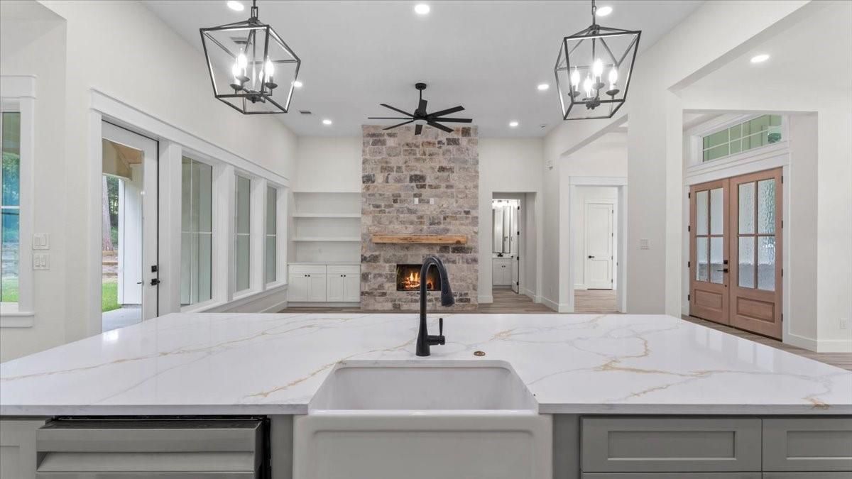 Fireplace, Interior, Kitchen, Pendant Lights, Recessed Lighting, Stone Walls
