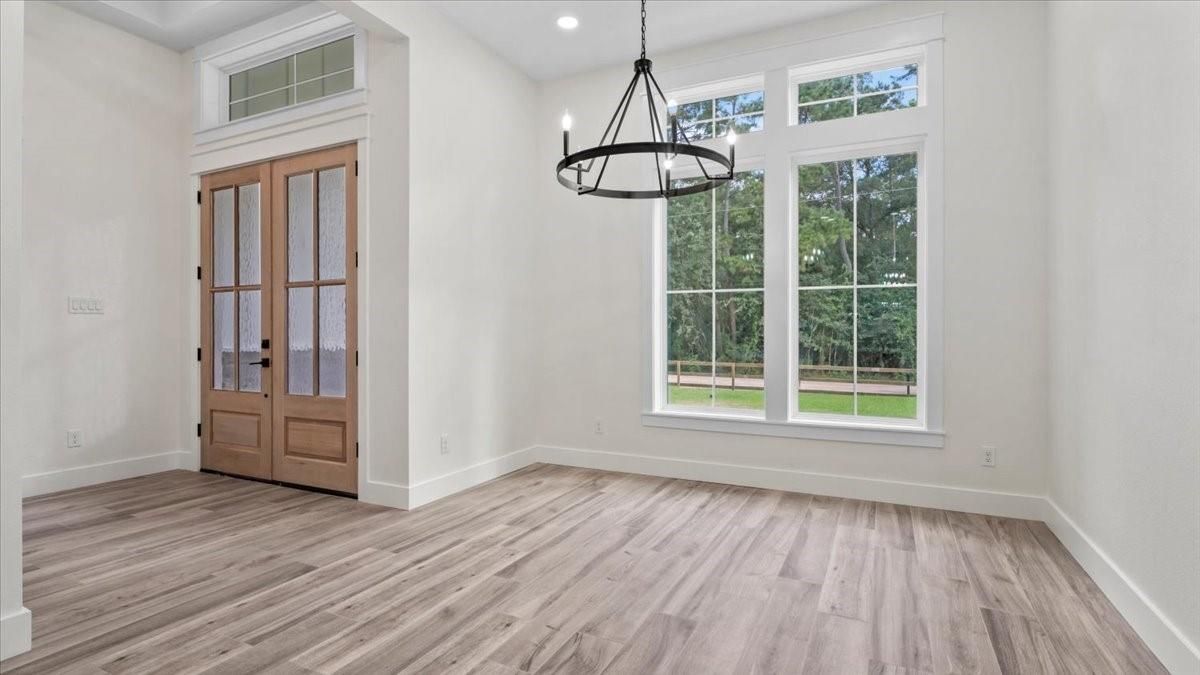 Empty room, Interior, Pendant Lights, Recessed Lighting, Wood Texture Flooring