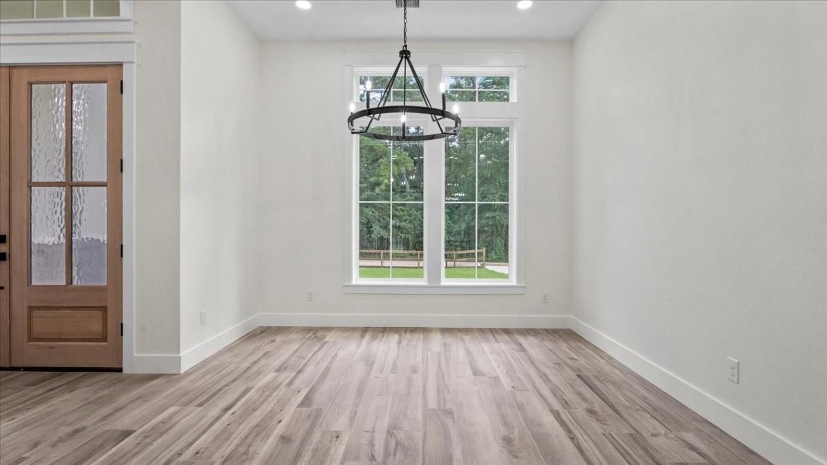 Empty room, Interior, Pendant Lights, Recessed Lighting, Wood Texture Flooring