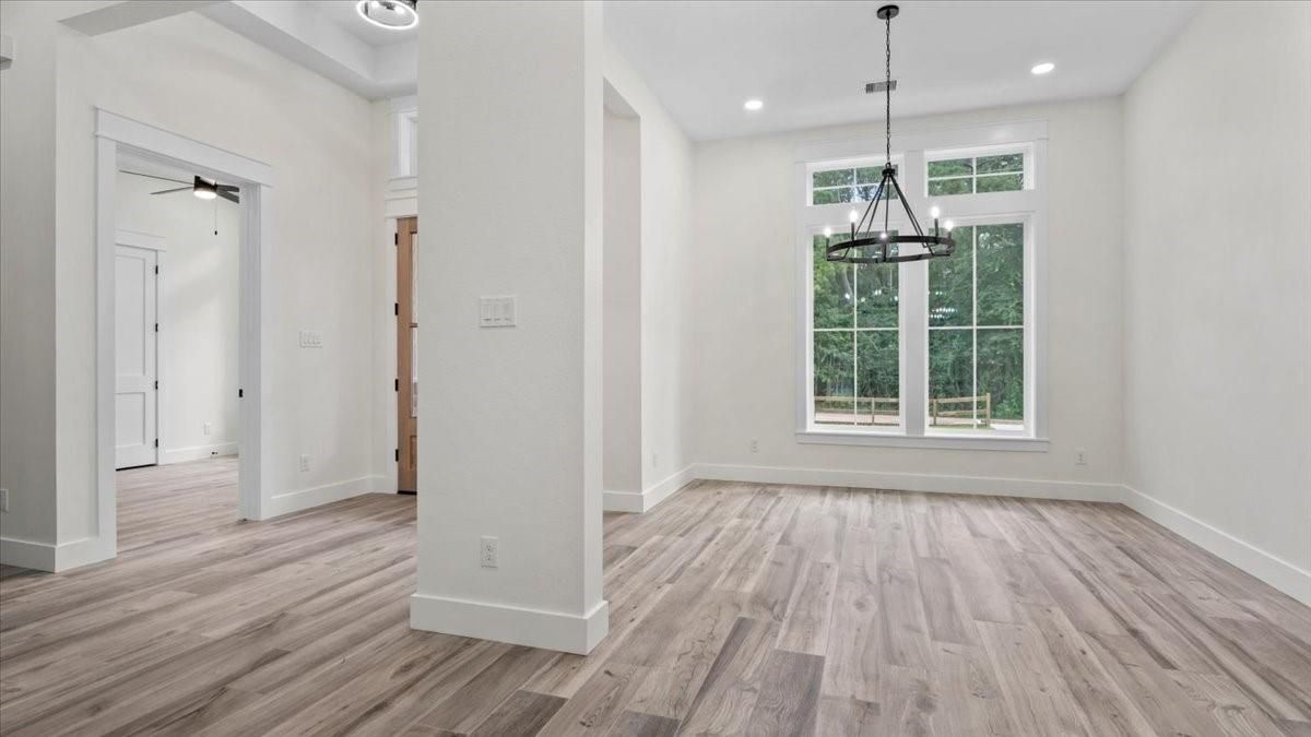 Chandelier, Empty room, Interior, Pendant Lights, Recessed Lighting, Wood Texture Flooring
