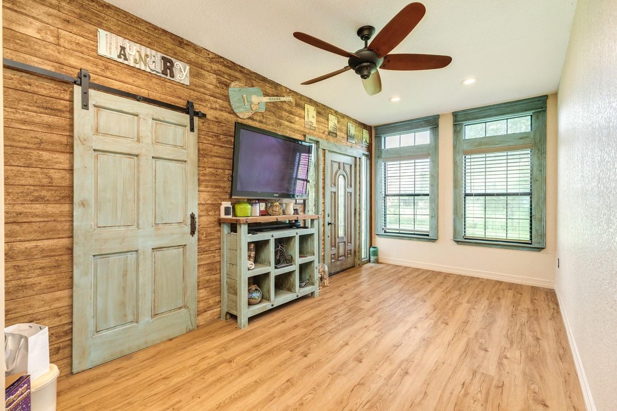 Empty room, Interior, Recessed Lighting, Stone Walls, Wood Texture Flooring, Wooden Walls