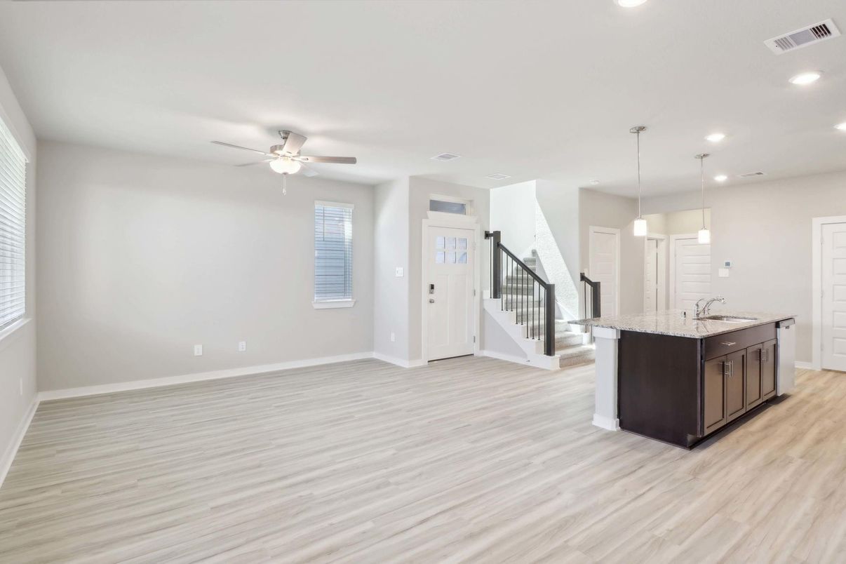 Empty room, Interior, Kitchen, Pendant Lights, Recessed Lighting, Wood Texture Flooring