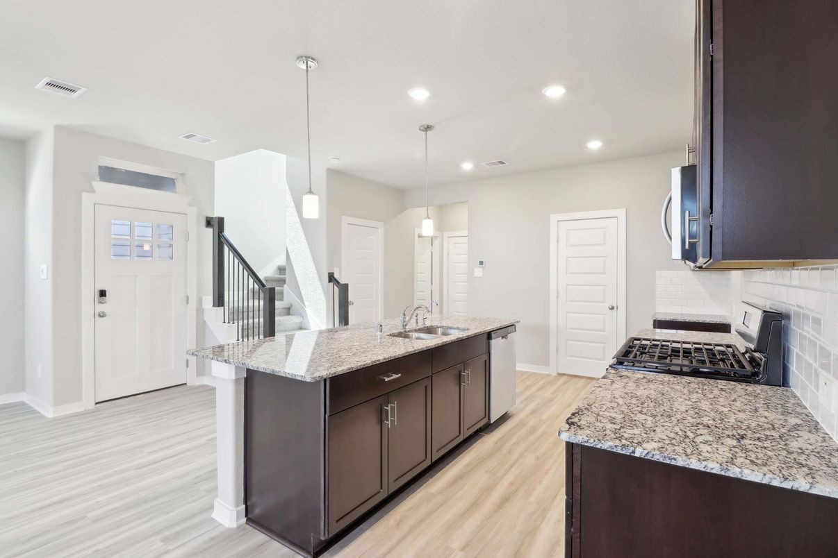 Interior, Kitchen, Pendant Lights, Recessed Lighting, Wood Texture Flooring