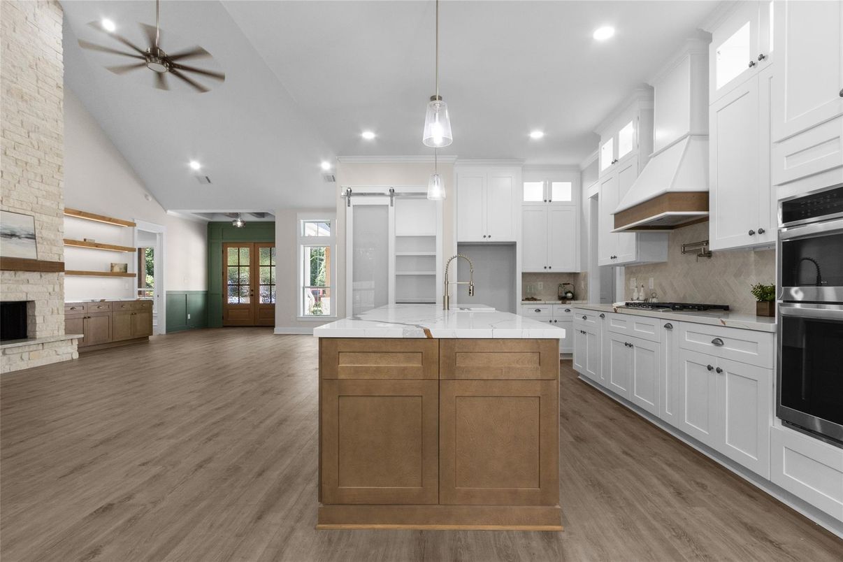 Interior, Kitchen, Pendant Lights, Recessed Lighting, Stainless Steel Appliances, Wood Texture Flooring