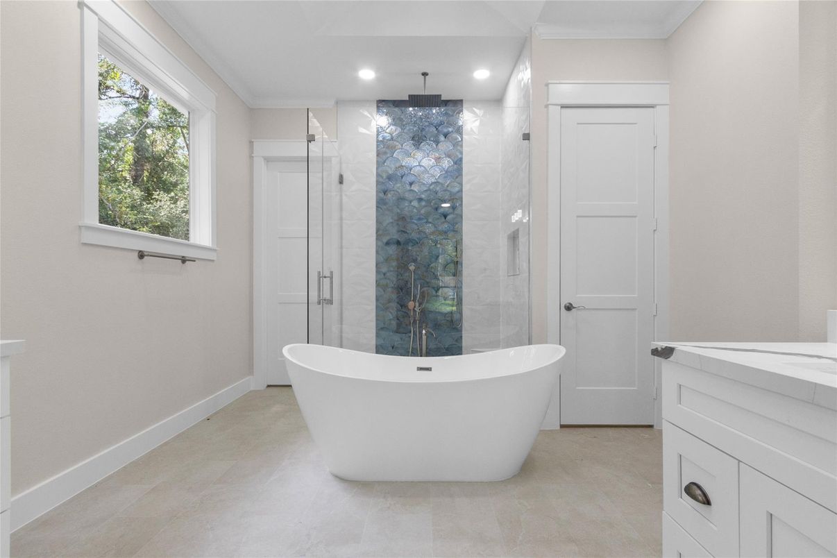 Bathroom, Free Standing Baths, Glass Shower, Interior, Recessed Lighting