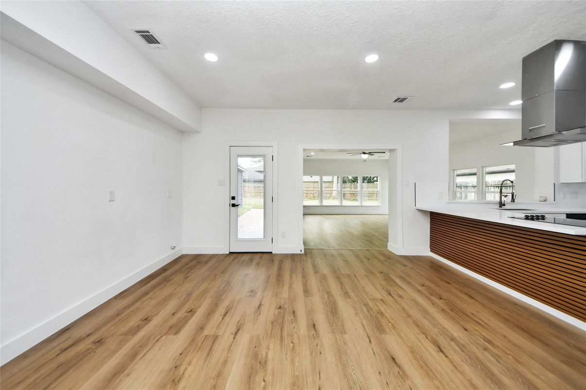 Empty room, Interior, Kitchen, Recessed Lighting, Wood Texture Flooring