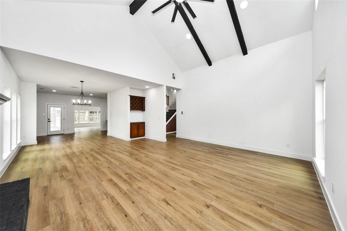 Chandelier, Empty room, Interior, Recessed Lighting, Wood Texture Flooring
