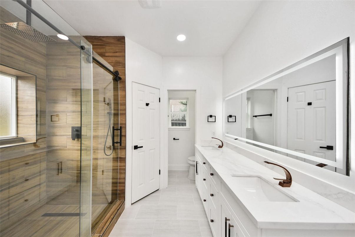 Bathroom, Dual Sink Vanities, Glass Shower, Interior, Recessed Lighting