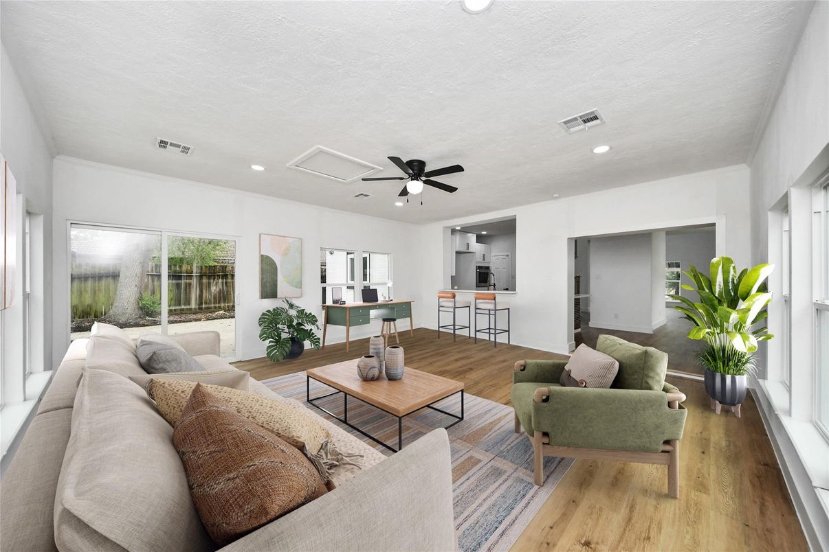 Interior, Living room, Recessed Lighting, Wood Texture Flooring