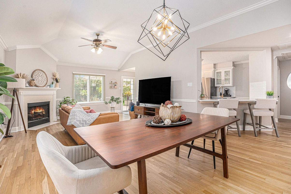 Dining room, Fireplace, Interior, Living room, Pendant Lights, Wood Texture Flooring