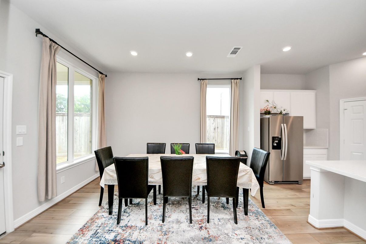 Dining room, Interior, Kitchen, Recessed Lighting, Wood Texture Flooring